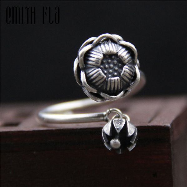 

genuine 925 sterling silver female vintage simple open rings lotus design fashion jewelry for women tail ring opening, Golden;silver