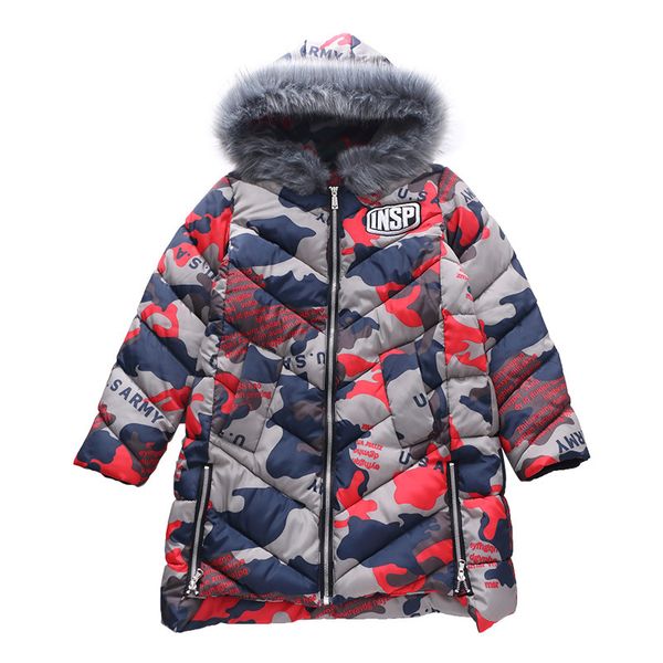 

new boys winter jackets children hooded fur collar camouflage pattern down parkas children coats kids down jacket kids outerwear, Blue;gray