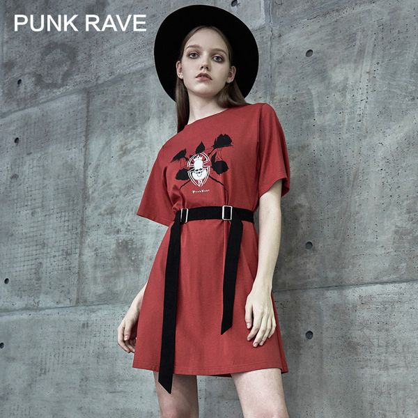

punk rave girl's punk wild printed t-shirt dresses with belt gothic loose casual slim mini dress, White;black