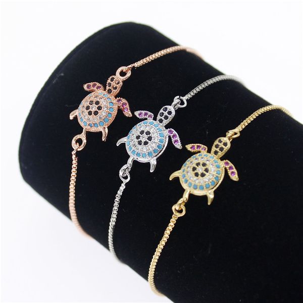 

multicolor cz zircon sea turtle charms bracelet 3 colors copper adjustable chain charm bracelets for women ocean jewelry, Black
