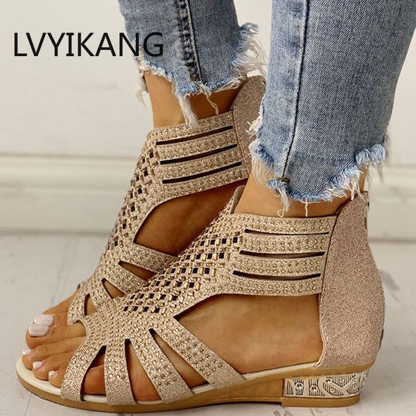 

gladiator woman sandals women's crystal shoes women comofort wedges platform female fashion zip footwear zapatos de mujer, Black