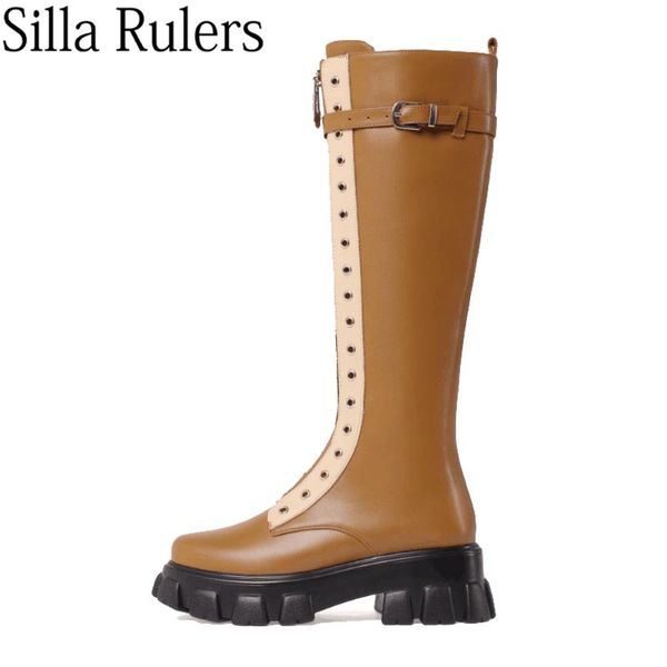 

runway thick sole zipper knee high boots woman round toe long boots belt buckle autumn woman genuine leather knight, Black