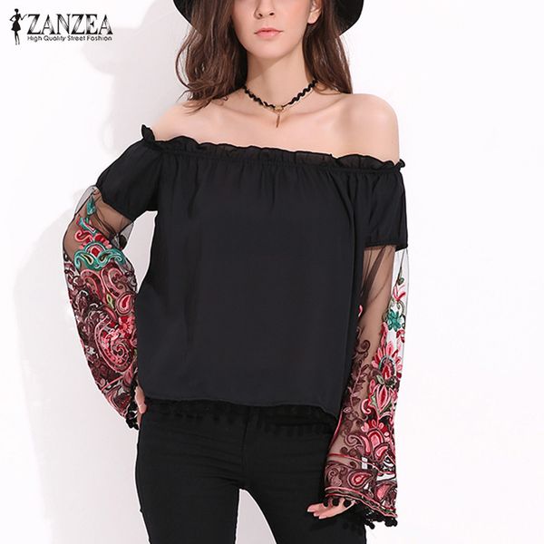 

women summer slash neck blouses zanzea 2020 vintage mesh long sleeve shirts floral embroidery ruffles tassel blusas, White