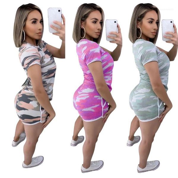 

shorts womens clothing women summer two piece sets fashion camouflage slim tracksuits casual short sleeve, Gray