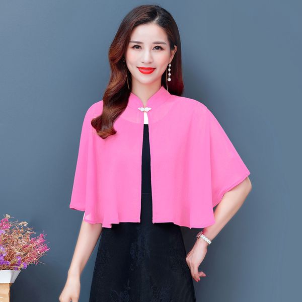 

chiffon shawl cloak summer short women blouse jacket thin holiday beach frock chinese style buckle plus size sunscreen cardigan, White