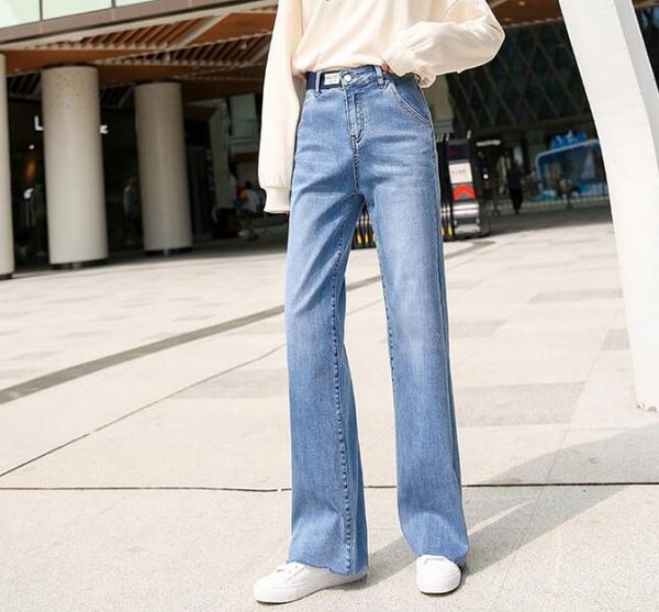 

cotton blend plus size full length denim jeans straight pants for women blue black new fashion fall spring wide leg pants dmy0904