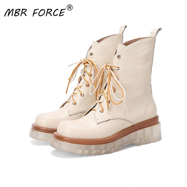 

mbr force ankle boots fashion trend real cowhide round toe paltform cross-tied shoes thick bottom women party cool casual boots, Black