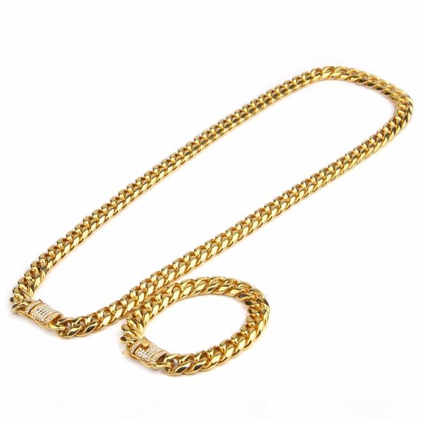 

10mm mens cuban miami link bracelet chain set rhinestone cz clasp stainless steel gold hip hop necklace chain jewelry set, Silver