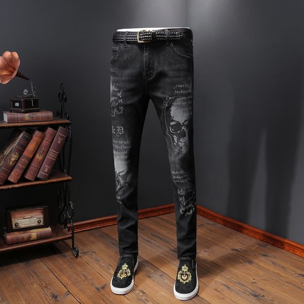 

brand casual straight jeans men skull print jeans homme slim fit cotton denim pants skinny ripped for men, Blue