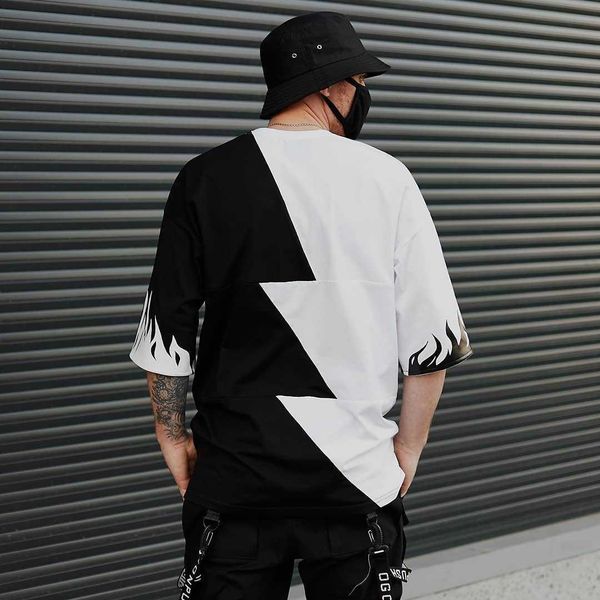 

summer men's ins personality tide brand half sleeve fashion large size t-shirt hip hop stitching contrast color short sleevee, White;black