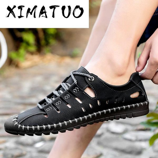 

summer hollow genuine leather men sandals breathable casual shoes men outdoor gladiator water shoes plus size 38-48, Black
