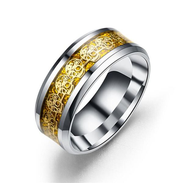 

vintage cool men 8mm silver color stainless steel rings classic skull rings men's jewelry wedding bands boyfriend gift 16-23mm, Golden;silver