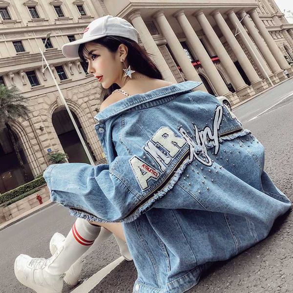 

women's jackets 2021 short woman jean jacket korean autumn blue denim coats spring fashion streetwear clothes alphabet printing rivet t, Black;brown