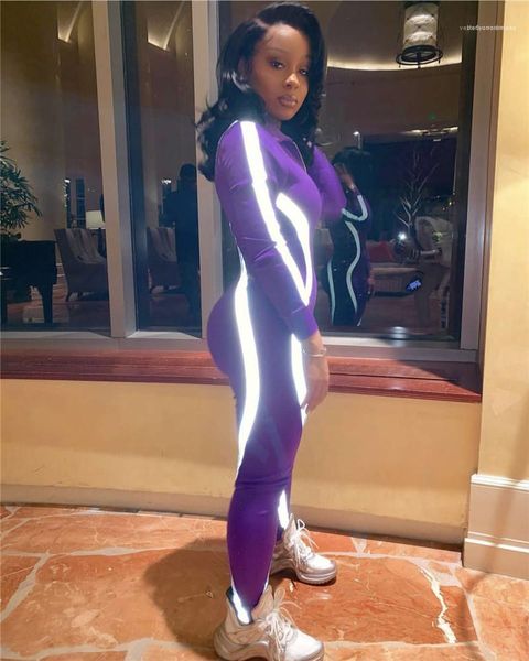 

sleeve one piece suits with zipper female apparel lapel neck reflective women jumpsuits ladies skinny long, Black;white