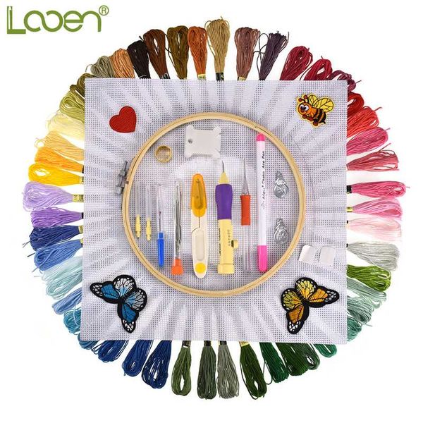 

looen magic embroidery punch needles pen set 50pcs threads sewing knitting kit embroidery patterns with case for mom starter kit, Black
