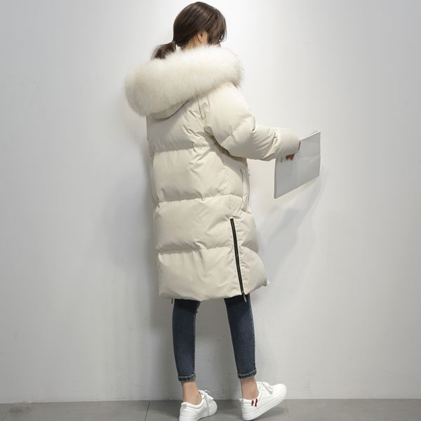 

куртка 2020 женская зимняя женщина с капюшоном длинные puffer 20% белая утка вниз пальто женщин реального енота меховой воротник корейский, Black