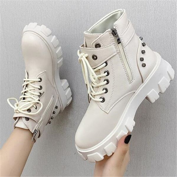 

2020 fashion chunky platform ankle boots for women waterproof pu leather botas woman rivet side zip short shoe femme black beige