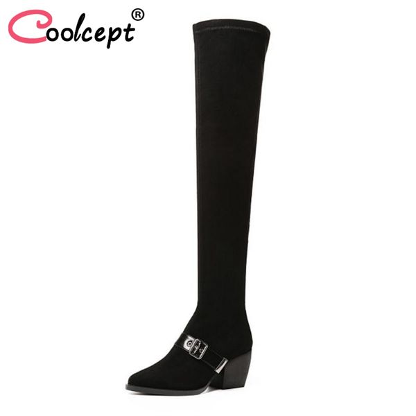 

coolcept women thigh high boots thick heels winter shoes woman zipper buckle pointed toe high heel boots size 34-39, Black