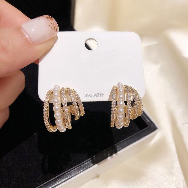

migga multi layers cubic zircon paved stud earrings luxury imitation pearl c shaped women earrings jewelry, Golden;silver