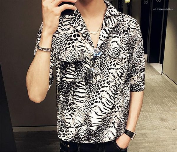 

mens designer leopard print shirts turn down collar casual tees short sleeve contrast color mens single button, White;black