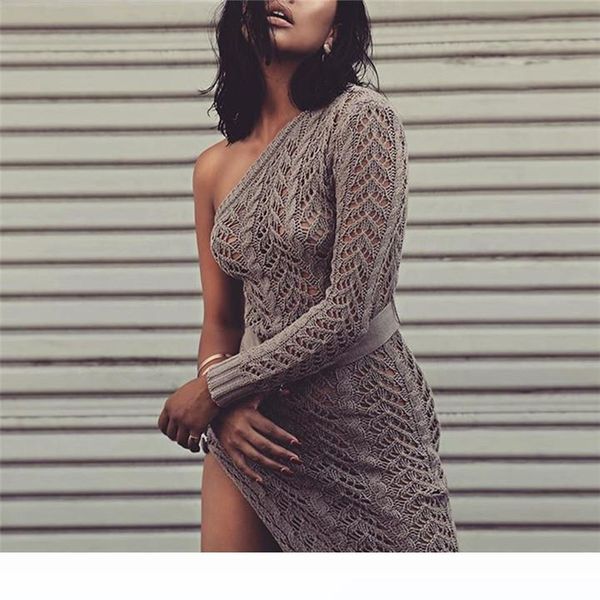 

long one shoulder knitted maxi sweater dress side split women club wear hollow out bandage dresses female elegant, White;black
