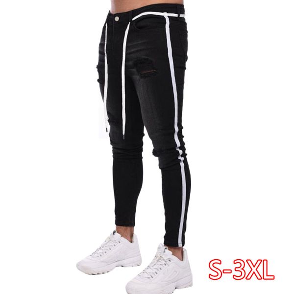 

fit black denim jeansmens side stripe skinny hip hop streetwear solid color plus size slim fit lightweight cotton jeans for men, Blue