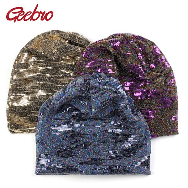 

geebro fashion winter autumn beanie hat shiny skull caps with sequins accessories for adults woman beanies warm, Blue;gray