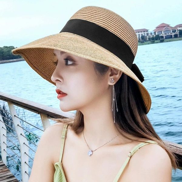 

women summer beach straw hats with bowknot uv upf50 sunscreen foldable protective panama fedora, Blue;gray