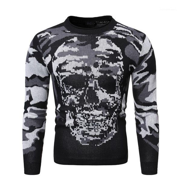 

crew neck mens sweaters casual males clothing camouflage skull priint mens designer sweaters fashion slim pullover, White;black