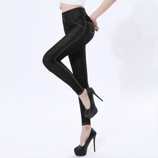 

cotton imitation jeans women leggings high waist button pockets black blue large size 5xl imitation denim elasticity pant