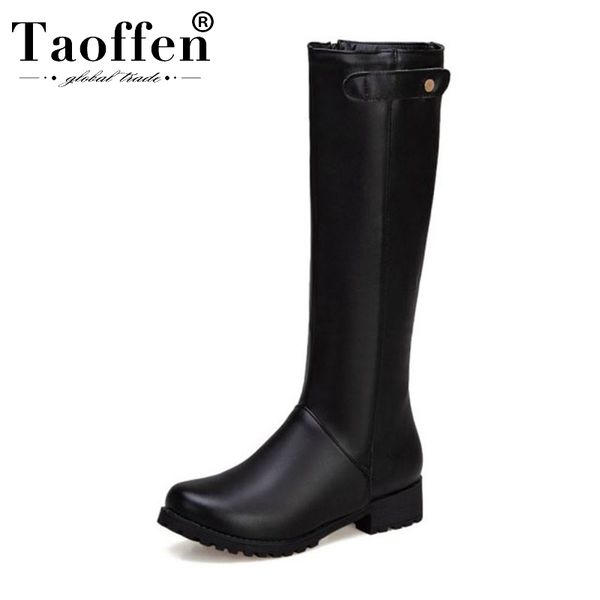 

boots taoffen pu leather women black knee high motorcycle chunky heels round toe winter warm shoes woman size 33-43