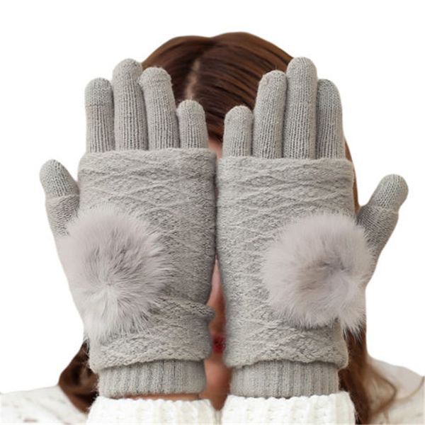 

fashion women ladies winter warm knitted gloves mittens cashmere fur patchwork fingerless wrist protection mitten gloves, Blue;gray