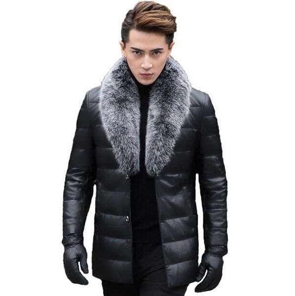 

горячие продажи 2019 моды новой кожи вниз тонкий меховой воротник толстой куртки отворот куртки мужские кожаные мужские, Black