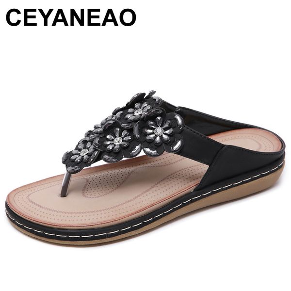 

ceyaneao 2020 fashion flower women flat flip flop slippers shoes ethnic woman crystal bohemia gladiator casual beach slippers, Black
