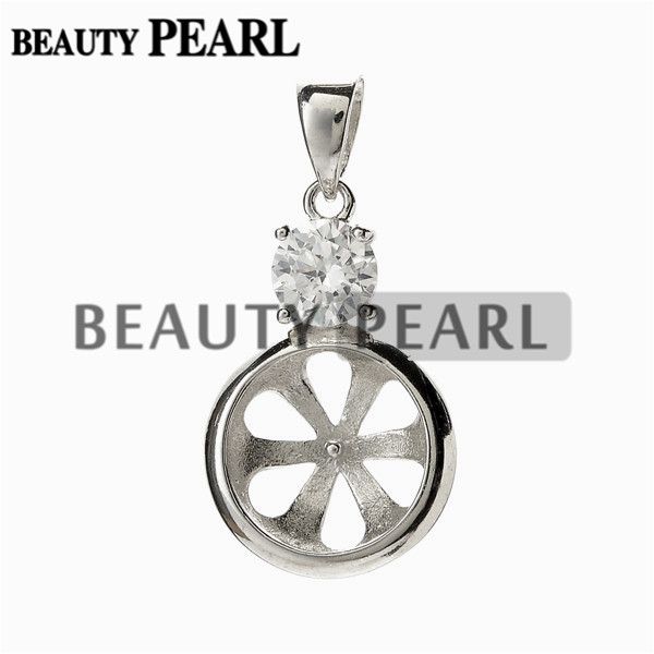 

5 pieces pendant mountings clear cubic zirconia 925 sterling silver findings blank pendant for big pearl, Slivery;crystal