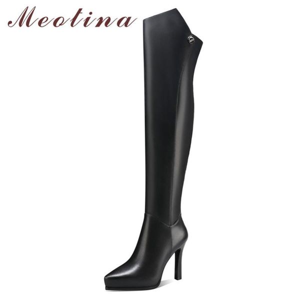 

boots meotina winter thigh high women genuine leather zip thin heel over the knee super shoes lady size 43, Black