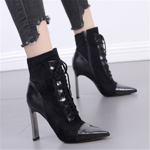 

boots women's fashion short pointed 12cm high heels ladies stiletto side zipper cross lace-up women zapatos de mujer botas, Black