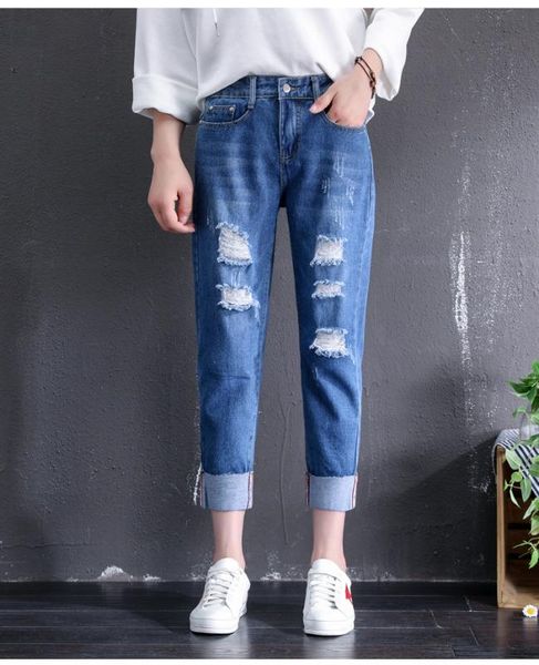 

women's jeans large size boyfriend for women fat ripped cuffs mom femme plus loose straight denim nine pants 4xl 5xl, Blue