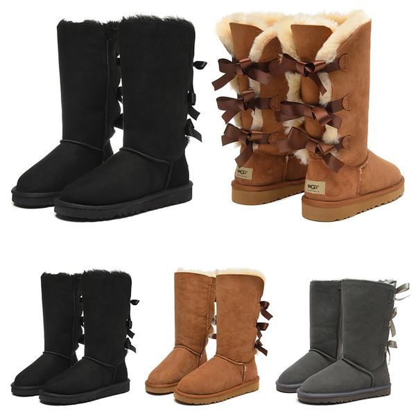 

australia women girl classic snow knee boots 3 bow fur boot winter black gery chestnut women fashion outdoor size 5-10