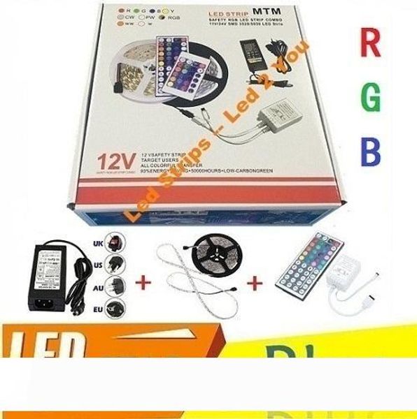 

5050 led strip waterproof 60leds m 5m 300leds rgb 12v lights 44keys remote control + power supply fine retail package