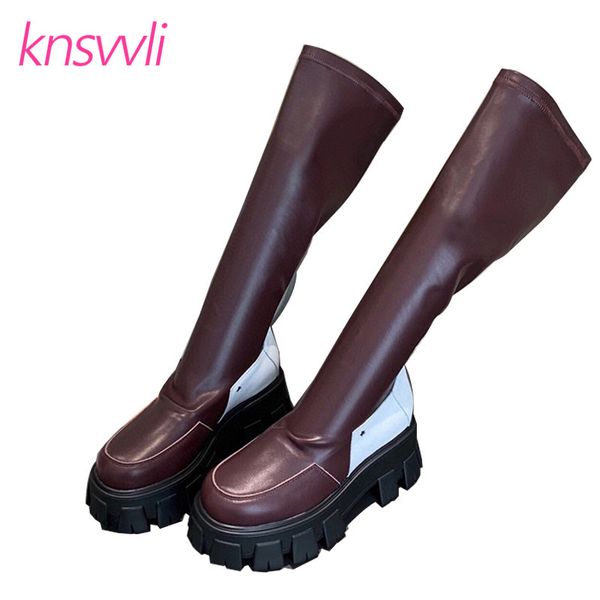 

thick sole platform knee high boots women round toe stretch boot casual motorcycle boots pleated leather long knight woman, Black