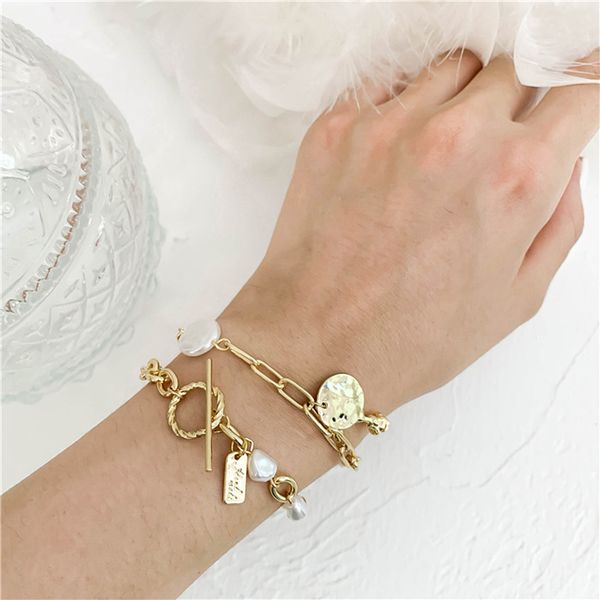 

charm bracelets vintage gold color toggle clasp pearl bracelet for women dainty baroque chain link square pendant metal, Golden;silver