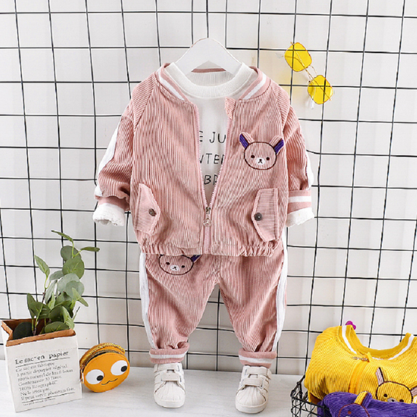 

pure cotton autumn and winter baby boy girl kid cartoon bear coat letter long sleeve + pants children casual clothes three-piece kg-537, Pink;blue