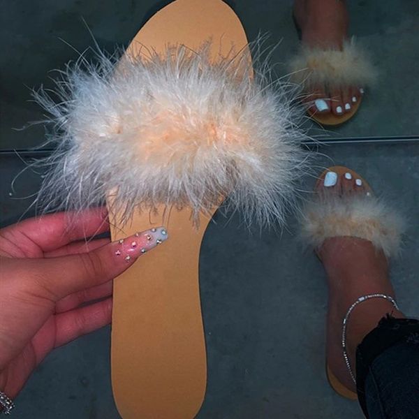 

2020 fashion fur slides women furry flat sandals open toe slipper nightclub shoes d30, Black