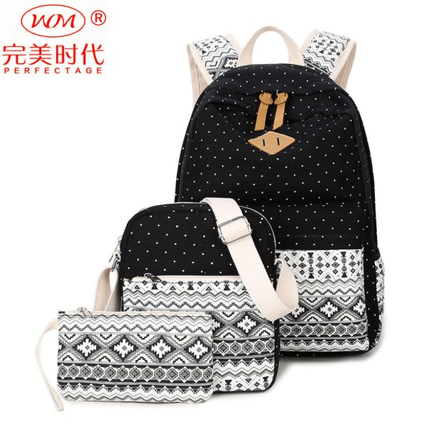 

leather luggage tag2020 cross-border backpack women striped canvas backpack korean-style female junior high school student bag three-piece w