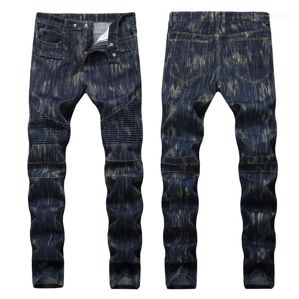 

male apparel straight fold skinny mens long jeans mid waist motor fashion mens trousers, Blue