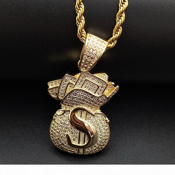 

gold plated iced out cz cubic zirconia mens usd money bag pendant chain necklace designer luxury full diamond hip hop jewelry gifts for men, Silver