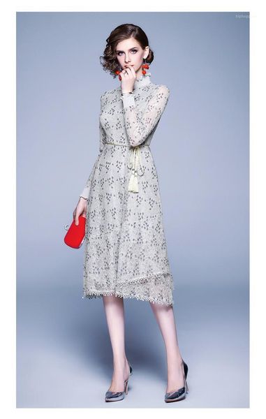 

elegant slim irregular skirt sheer long sleeved high collar fashion women party dresses lace designer women dresses mesh flora, Black;gray