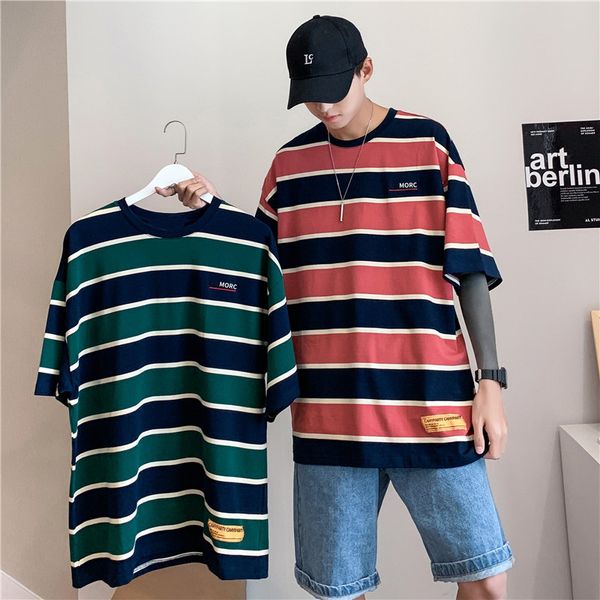 

summer ins retro striped half-sleeve t-shirt men and womens korean version loose couple five-point short-sleeved casual bf wind beat bottoms, White;black