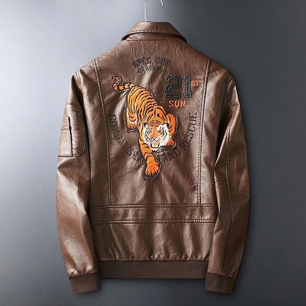 

2020 truck motorcycle leather jacket men's fashion pu leather jacket male tiger head embroidery european men's lapel brown autumn, Black;brown